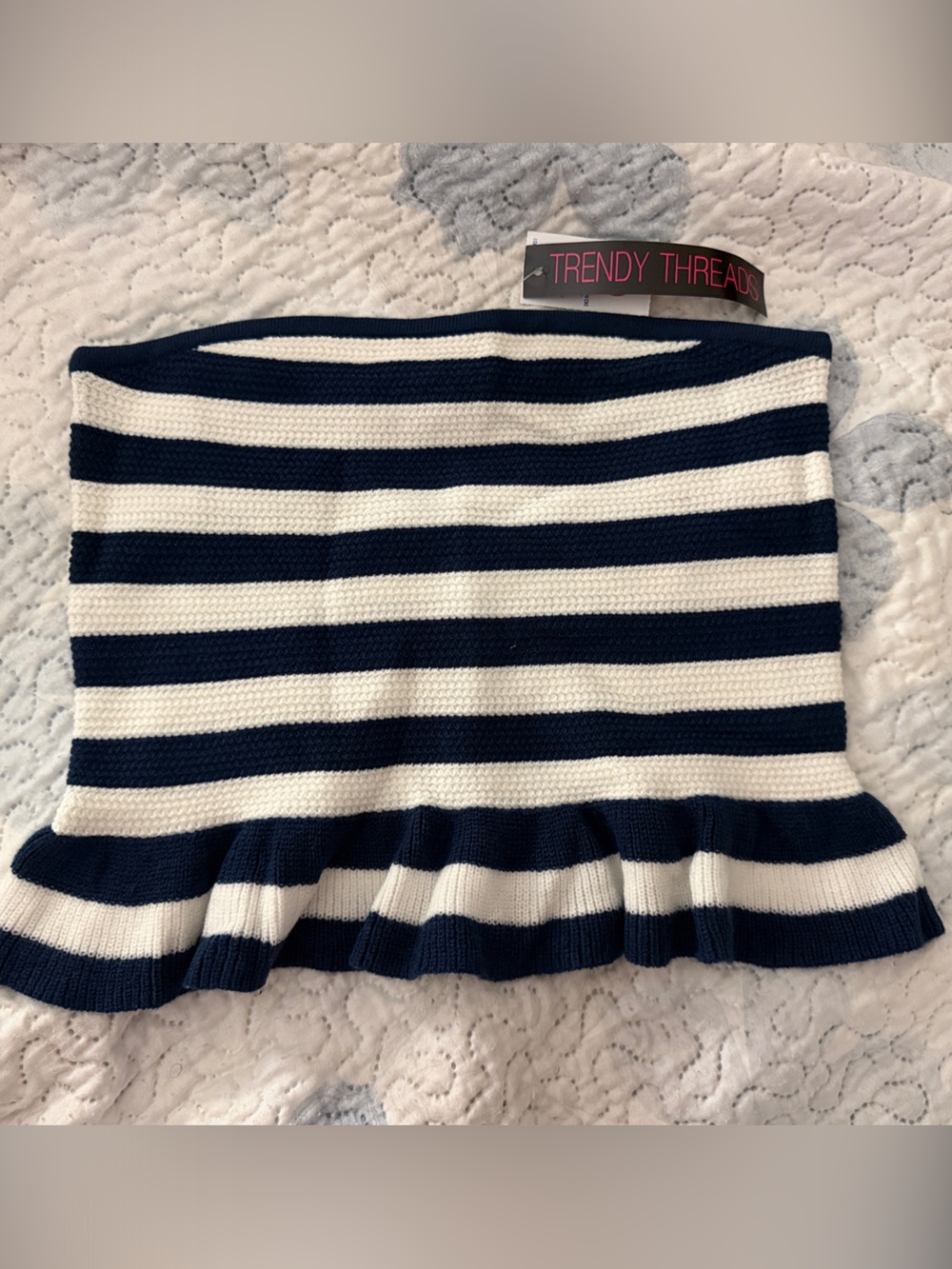 Trendy Thread Navy and White Striped Ruffle Hem Knit Skirt